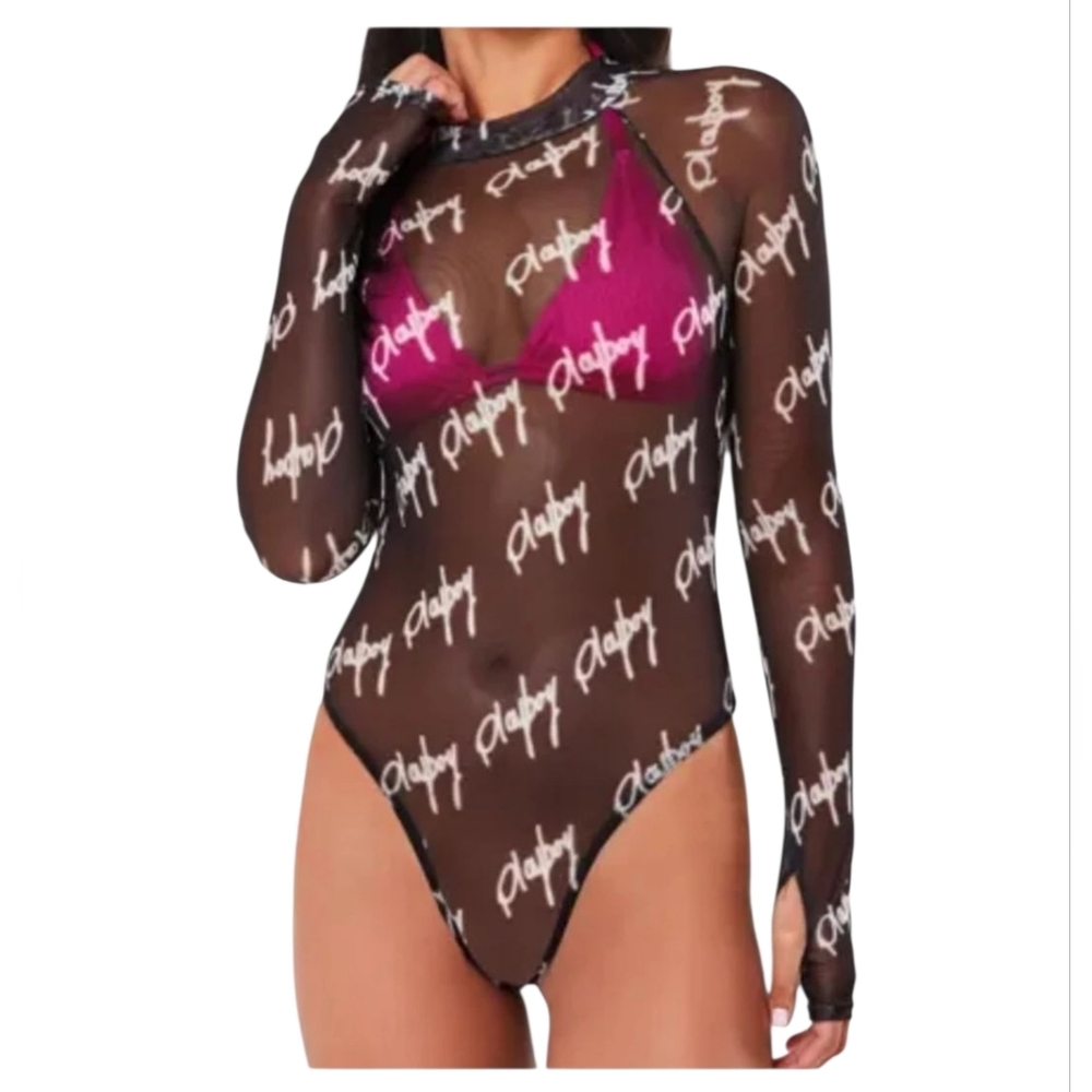 Playboy + Misguided Black and White Mesh Sheer‎ Sexy Bodysuit